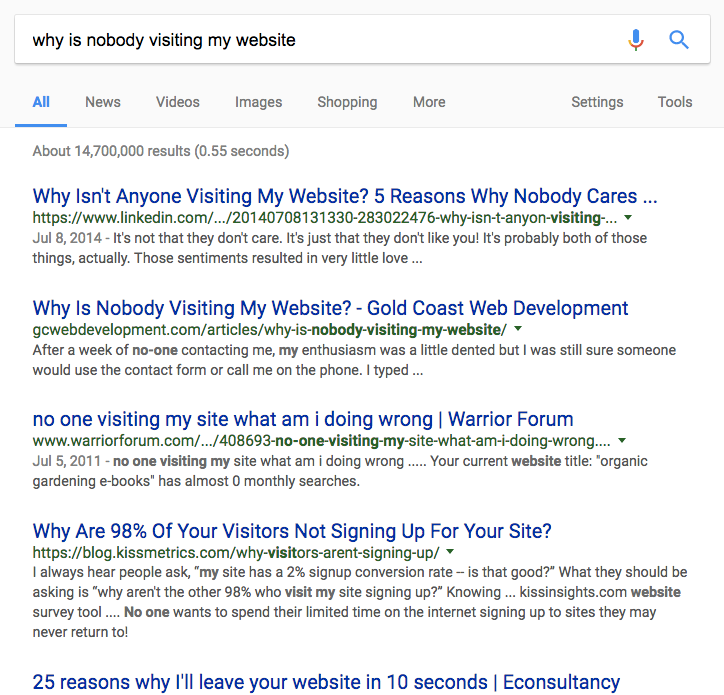 A snapshot of search engine results asking in the search bar, "Why is nobody visiting my website?"